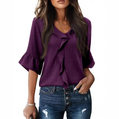 Womens Solid-Color Fashionable V-Neck Pleated Ruffle-Trim Loose Top