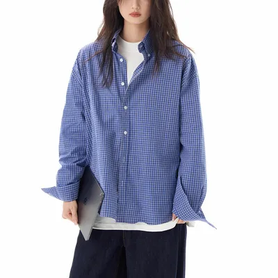 American Retro Blue Plaid Shirt Long Sleeve Women