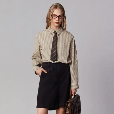 American Retro Casual Fashion Classic Embroidered Lapel Cotton Striped Shirt For Women