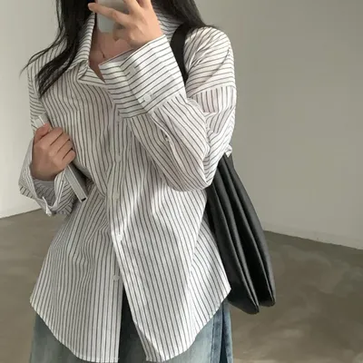 All-match Single-breasted Lapel Long Sleeve Bottoming Striped Shirt