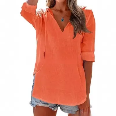 Arrival Beach Cover-Up Long-Sleeve V-Neck Pocketed Hooded Shirt