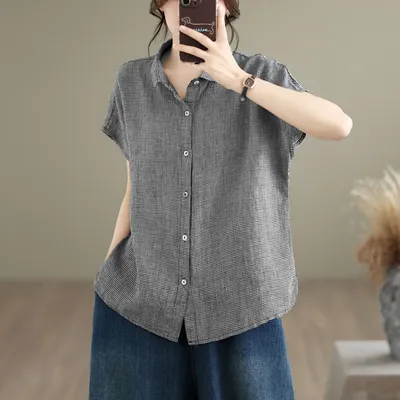 Womens High-end Yarn-dyed Linen Blouse