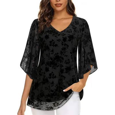Flocked Elastic Mesh Women's Summer Three-Quarter Flared Sleeve Waist-cinching V-Neck Top