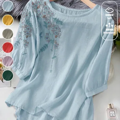 Solid-color Embroidered Cotton Comfortable And Artistic T-shirt Loose-fitting Round-neck Top