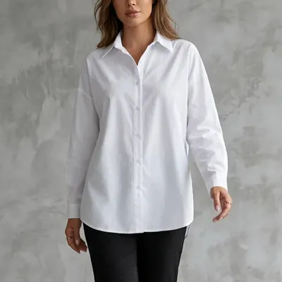 Solid-color Fashionable Loose-fitting Long-sleeve Slit-front Shirt