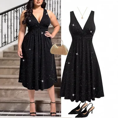 2026 New Large-Size Women's Elegant Solid Color V-Neck Waist Pleated Bohemian Knit Dress