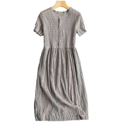 2026 Retro Striped Cotton Linen Dress, Women's Summer Short Sleeve Shirt Maxi Dress