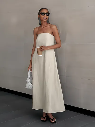 2026 NEW SUMMER Linen Women's High-Waisted Strapless Backless Patchwork Pocket Dress Lightweight Casual Vacation Dress With Smooth Texture, Solid Color Long Dress For Summer