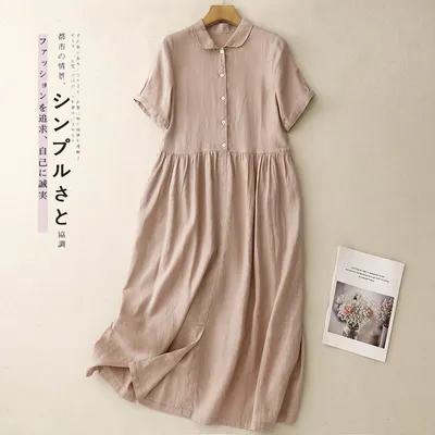 2026 Summer New Linen Cotton Shirt Dress, Lapel Collar, Loose Fit, Art Style, Midi Swing Dress