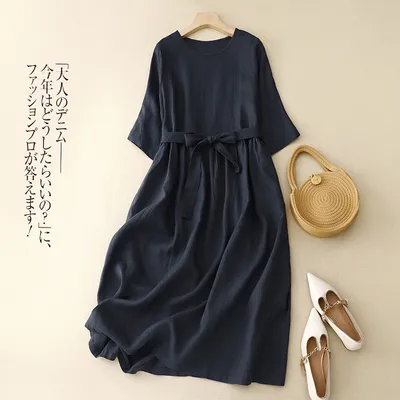 2026 Summer Minimalist Cotton Linen Dress, Classic Round Neck, Mid Sleeve, Waist Belt, Elegant Swing Long Dress