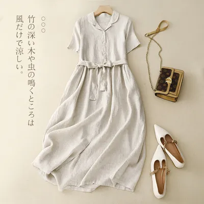 2026 Summer Retro Cotton Linen Dress, Tie Waist Swing Maxi Dress