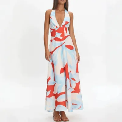 Abstract Print Halter V-Neck Defined Waist Maxi Holiday Dress