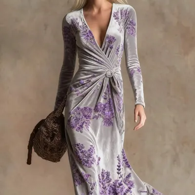 3D Geometric Line Pattern POD SpringSummer V-Neck Long-Sleeve Womens Dress