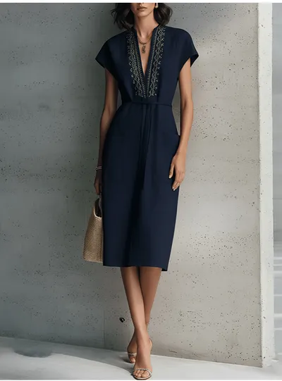 2026 Summer New V Art Retro Collar Embroidered Strap Waist Short Sleeve Medium To Long Commuter Dress