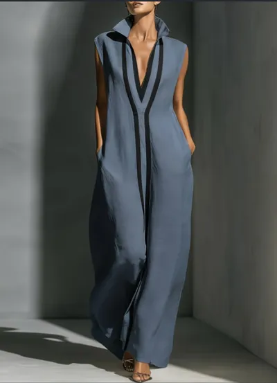 2026 Spring And Summer New Contrasting Stand Up Collar Sleeveless Linen Maxi Dress