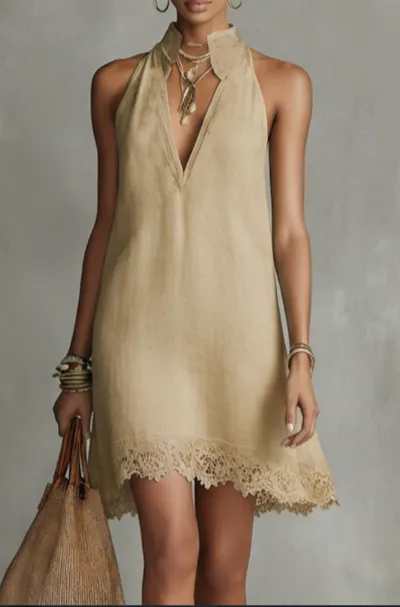 2026 Neck Hanging V-neck Lace Flax Dress