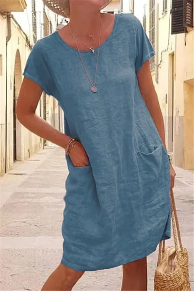 2026 Independent Site Wish New Summer Loose Solid Color Pocket Short-Sleeve Round-Neck  Dress For Women