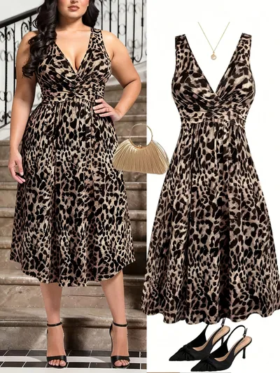 2026 New Plus-Size Women's Elegant Bohemian Print V-Neck Waist Pleated Knit Dress