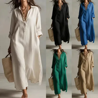 A Beige Linen Shirt Dress With A Relaxed French Vacation Vibe, Featuring A Turned-down Collar With A Half-placket, Rolled-up Sleeves, Side-slit Pockets, And A Long Shirt Dress Designperfect For Trave