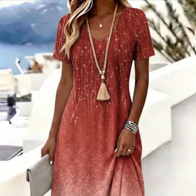 3D-printed V-neck Short-sleeve Elegant Dress