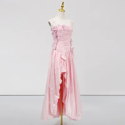 3D Floral Ruched Spaghetti Strap High Slit Maxi Dress