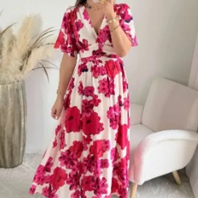 3D Digital-Print V-Neck Short-Sleeve Dress