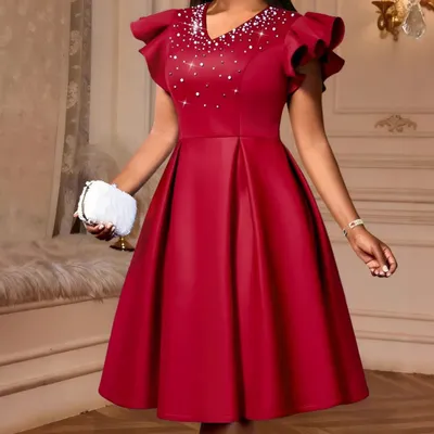A-line V-neck Elegant Officewear Ruffled Hem Evening Dress