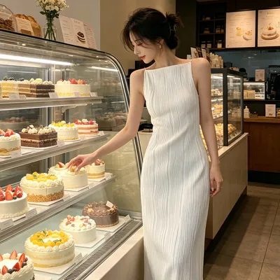 Fitted-waist Textured-look Pearl-strap Minimalist-style Slip Dress