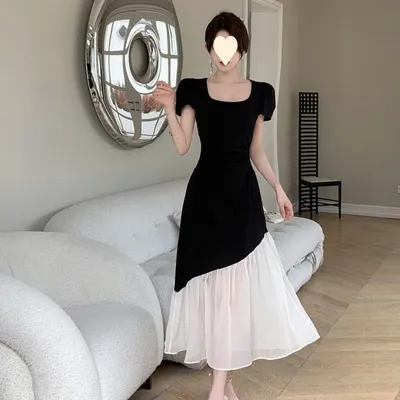Figure-flattering Patchwork Maxi Dress Audrey Hepburn Style Color-block Skirt For Curvy Women