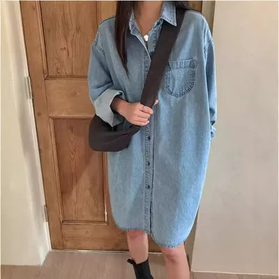Womens Retro Casual Long-Sleeve Lapel Shirt Dress
