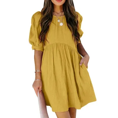 Fashionable Round-neck Three-quarter-sleeve A-line Solid-color Maxi Dress