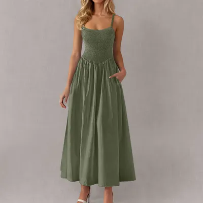 Adjustable-strap Ruffled-straps Pocket Dress