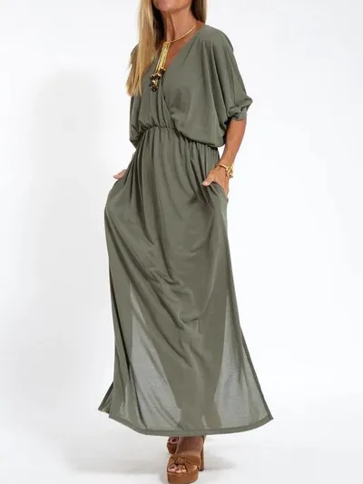 2026 New Spring & Summer Bestseller, Women's Solid Color Dress, V-Neck High Waist Casual Loose Style
