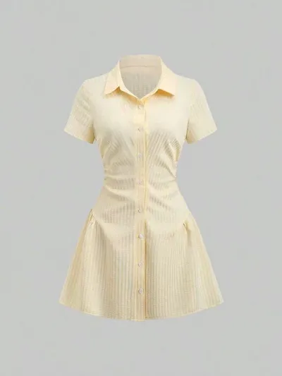 2026 Summer New French-style Waist-cinching Shirt Dress Yellow Striped Short-sleeve Single-breasted Elegant