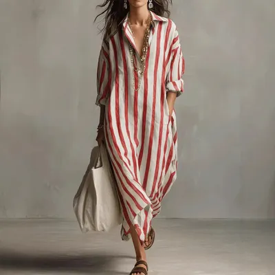 2026 Summer New Arrival, Women's Elegant Long Striped Dress With V-Neck