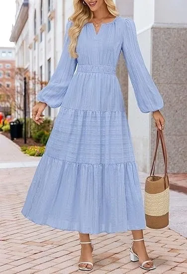 2026 New Spring & Autumn V-neck Waisted Tiered Puff Sleeve Dress, Stylish Ruffle Maxi Dress