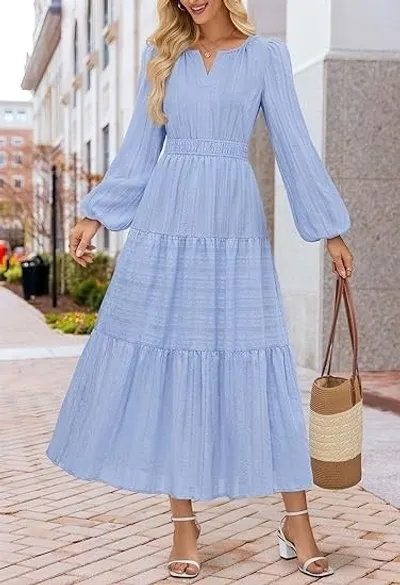 2026 New Spring & Autumn V-neck Waisted Tiered Puff Sleeve Dress, Stylish Ruffle Maxi Dress
