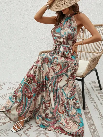 2026 Summer New Women's Printed Halter Dress, Loose Fit Elegant Vintage Style