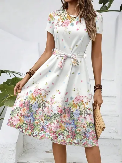 2026 New Women's Casual Printed Dress With Belt, Loose Fit