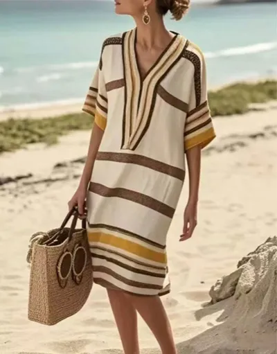 2026 New Summer Arrival, European & American Cross-Border In Stock, Printed Stripes Fashion Casual Loose Versatile V-Neck Midi Dress