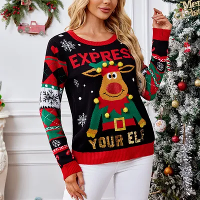 3D Pom-pom Christmas Sweater Sequin Embroidery Round Neck Knitwear
