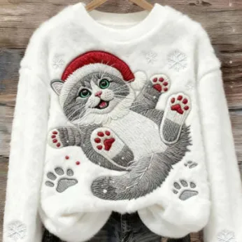 3D Digital Printed Flannel Christmas Women's Crew-Neck Sweater