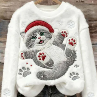 3D Digital Printed Flannel Christmas Women's Crew-Neck Sweater