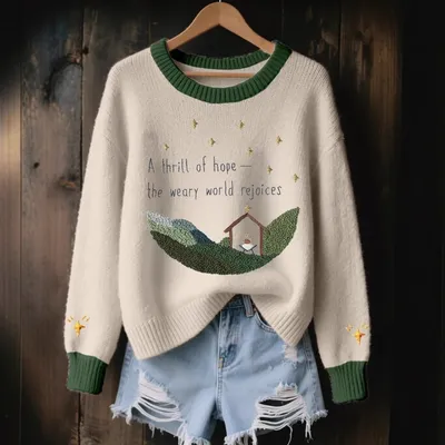 3D Digital-Print Womens Crew-Neck Loose Retro Jacquard Pullover Sweater