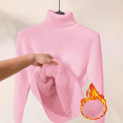 Womens Solid-color Thermal Turtleneck Fleece-lined Sweater