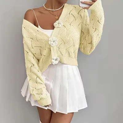 Elegant Solid-color Hollow-out Knit Cardigan For Europe And America