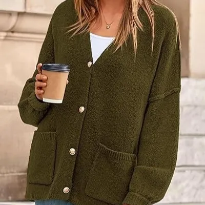 Womens Autumn Winter V-Neck Long-Sleeve Sweater Coat With Pockets