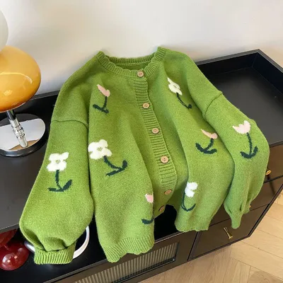 Womens Green Floral Sweater Coat Knitted Cardigan Top