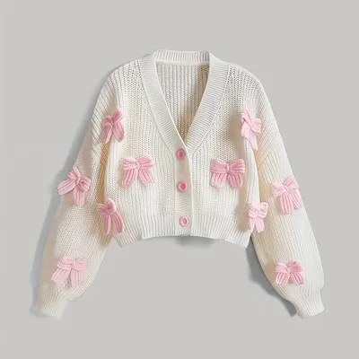 Three-dimensional Bow Cardigan Sweater Short Style