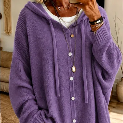 Women's Button-down Knit Hooded Drawstring Sweater